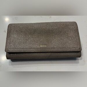 Fossil Shimmery Taupe Foldover Wallet with Gold Logo